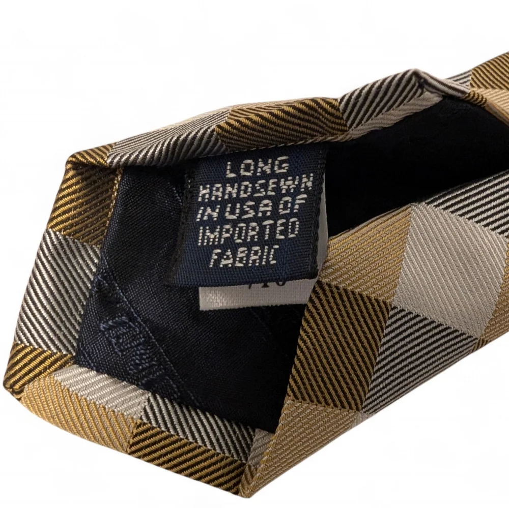 LANDS END Vintage Silk Tie Long Tan Cream Check Necktie Classic